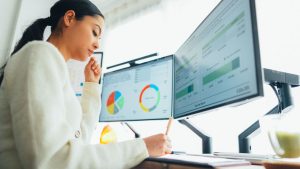 woman at standing computer station