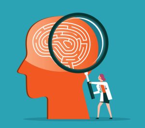 cartoon of psychologist looking through magnifying glass at brain