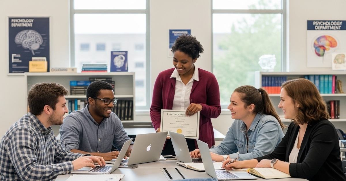 Psychology graduate students working together on assistantship projects in university research setting